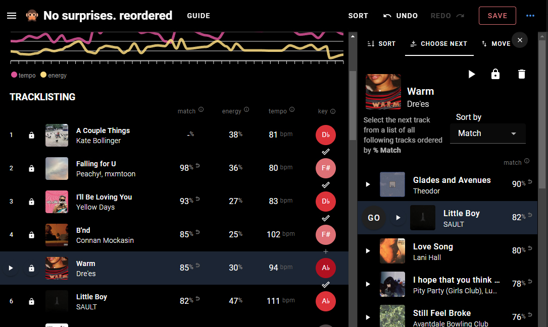 Sort by Tune Interface: Choose Next Go