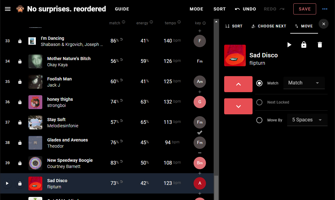 Sort by Tune Interface: Move track to its best match